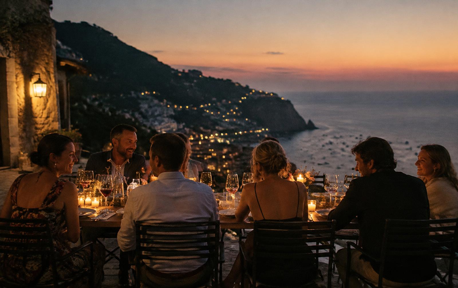 Group dinner on a terrace at dusk